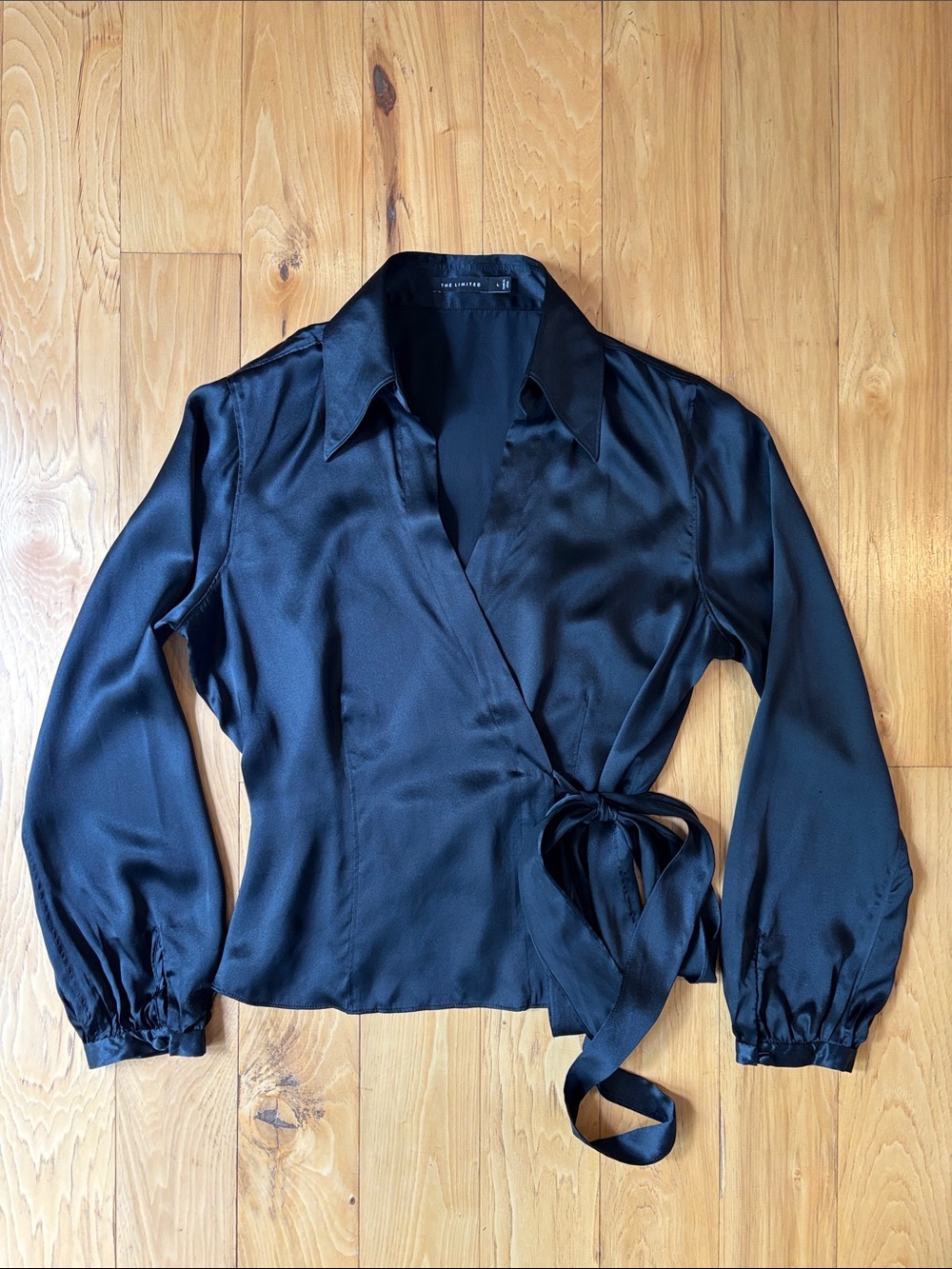 THE LIMITED‎ | Black Silk Y2K Vintage Minimalist Chic Wrap Blouse Top | Size L